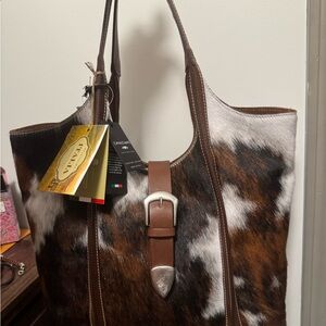 Brown and White Leather Tote Bag